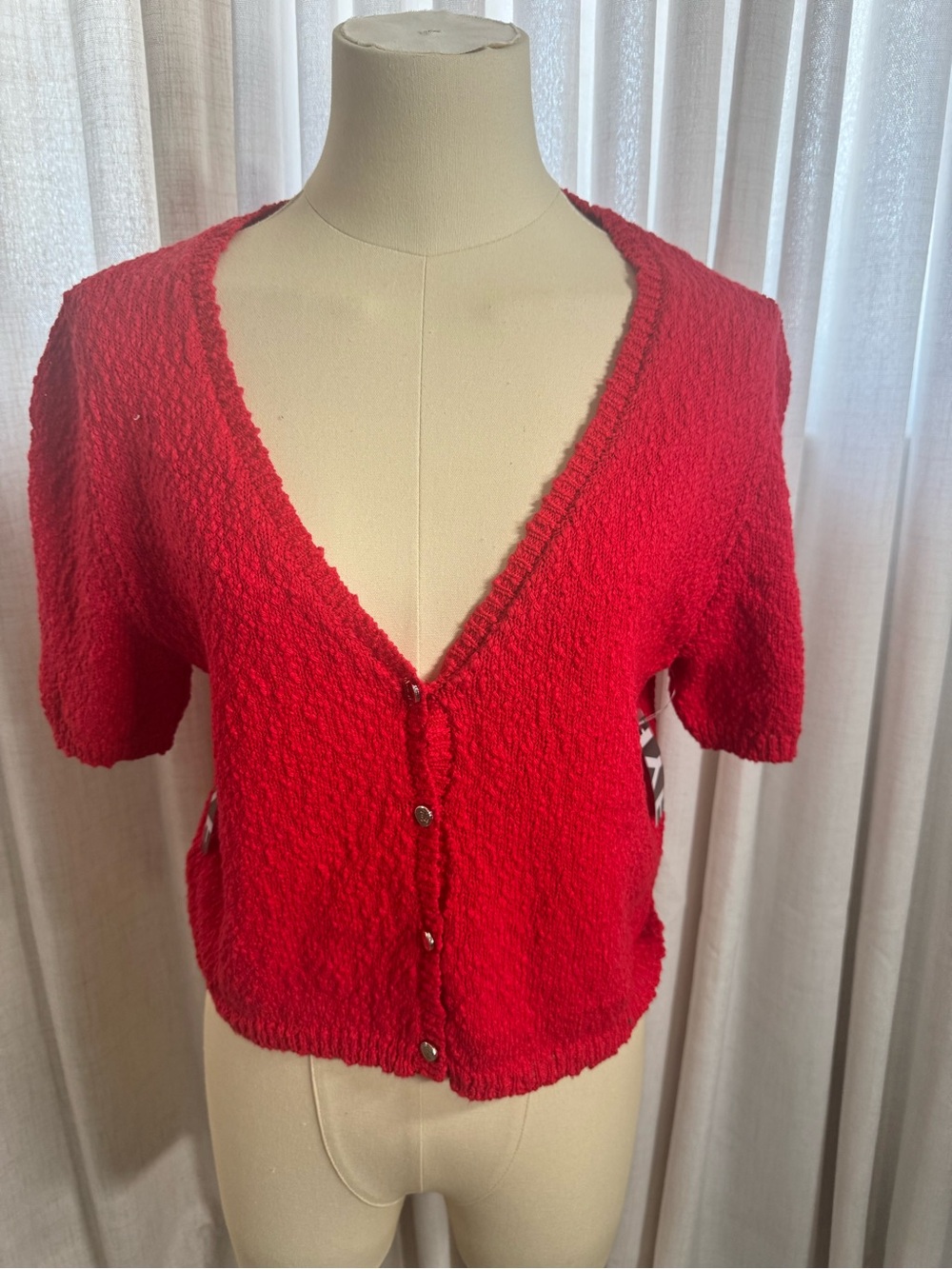 HYFVE Red Short Sleeve V-Neck Button Front Cardigan